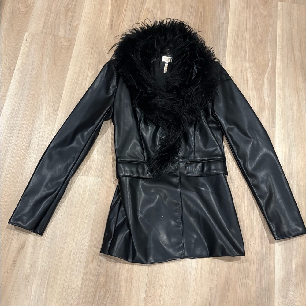 Black Leather Jacket with Luxurious Fur Collar